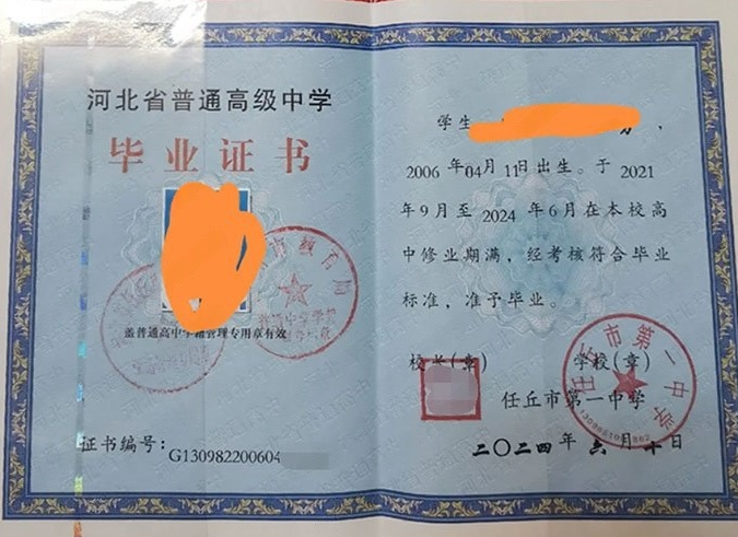 宿州任丘市第一中学高中毕业证样本图片